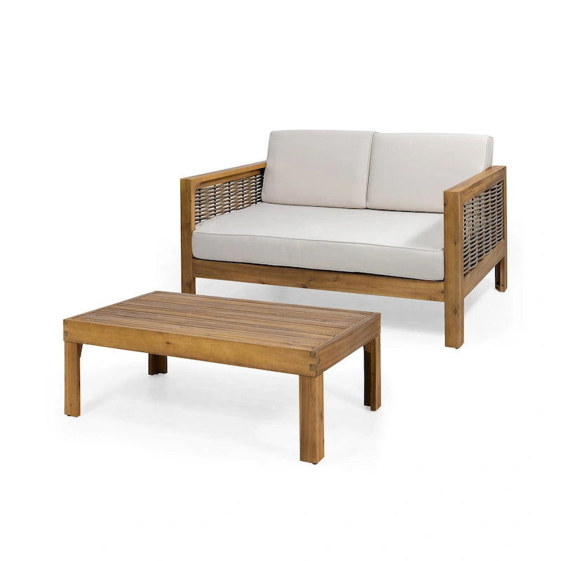 Set divanetto e tavolino da caffè Linwood in legno di acacia e vimini con cuscini per esterni di Christopher Knight Home