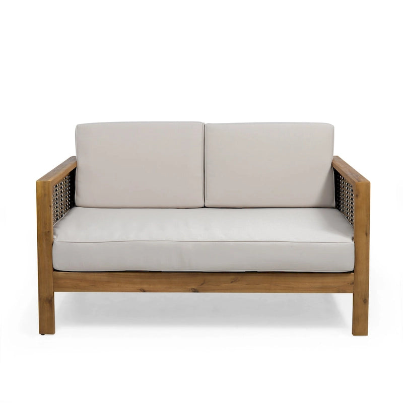 Set divanetto e tavolino da caffè Linwood in legno di acacia e vimini con cuscini per esterni di Christopher Knight Home