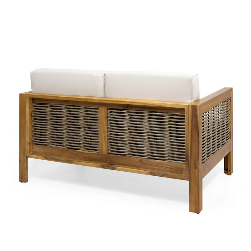 Set divanetto e tavolino da caffè Linwood in legno di acacia e vimini con cuscini per esterni di Christopher Knight Home