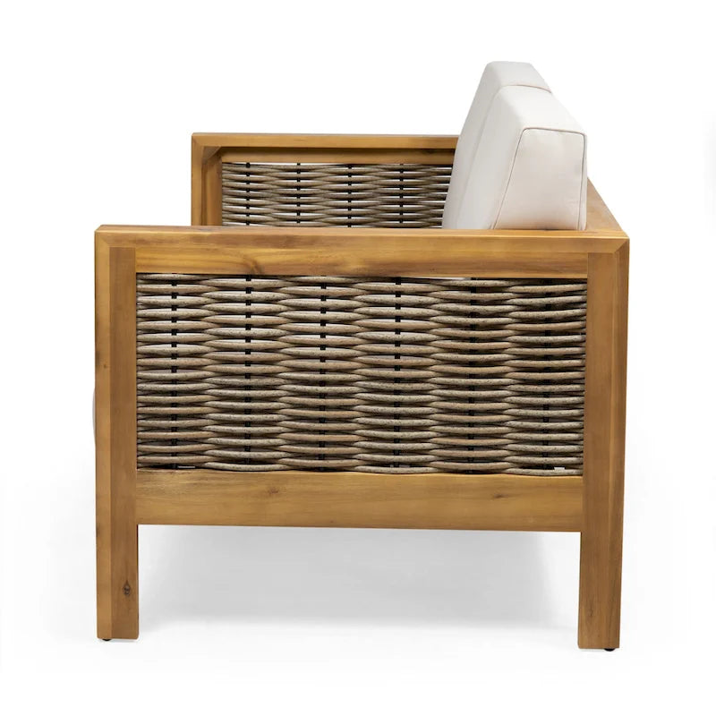 Set divanetto e tavolino da caffè Linwood in legno di acacia e vimini con cuscini per esterni di Christopher Knight Home