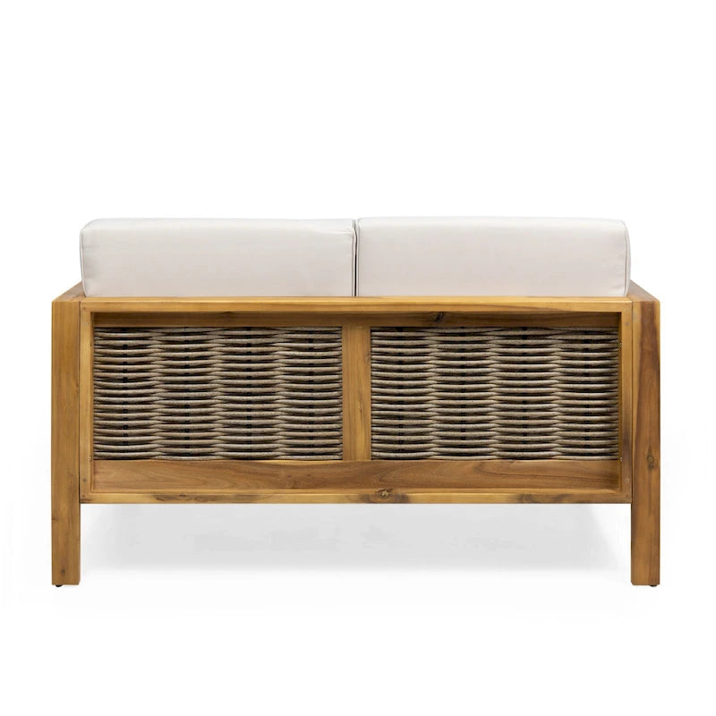 Set divanetto e tavolino da caffè Linwood in legno di acacia e vimini con cuscini per esterni di Christopher Knight Home