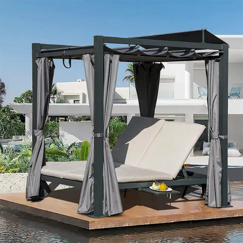 Patio Aluminum Retractable Canopy Bed with Cushion & Cup Holder