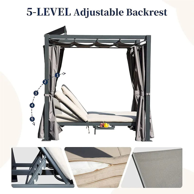 Lit de repos rétractable en aluminium pour patio avec coussin et porte-gobelet