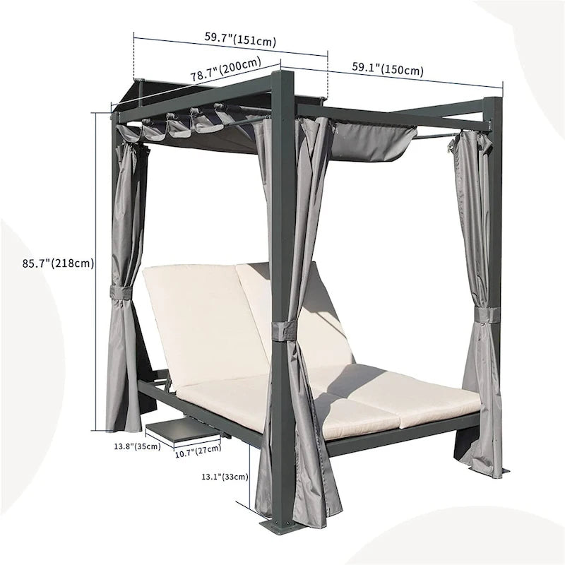 Lit de repos rétractable en aluminium pour patio avec coussin et porte-gobelet