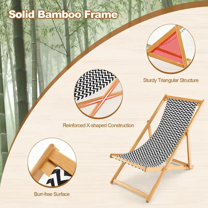 Chaise longue pliante en bambou inclinable en toile portable pour l'extérieur