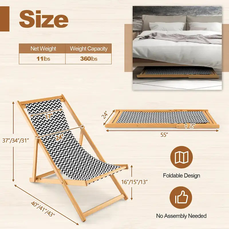 Chaise longue pliante en bambou inclinable en toile portable pour l'extérieur