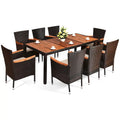 Set da pranzo da patio 9 pezzi tavolo in legno con foro per ombrellone cuscini sedie