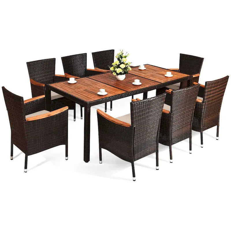 Set da pranzo da patio 9 pezzi tavolo in legno con foro per ombrellone cuscini sedie