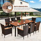 Set da pranzo da patio 9 pezzi tavolo in legno con foro per ombrellone cuscini sedie