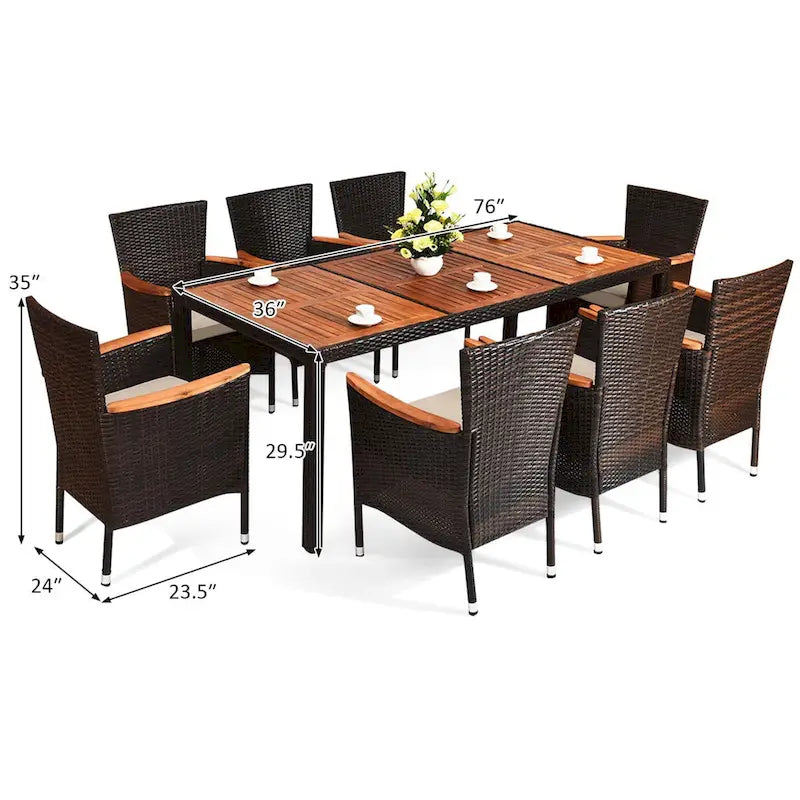 Set da pranzo da patio 9 pezzi tavolo in legno con foro per ombrellone cuscini sedie