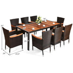 Set da pranzo da patio 9 pezzi tavolo in legno con foro per ombrellone cuscini sedie