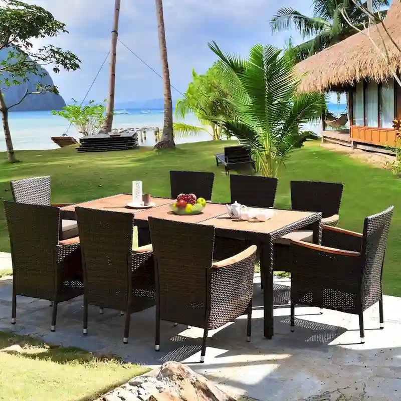 Set da pranzo da patio 9 pezzi tavolo in legno con foro per ombrellone cuscini sedie