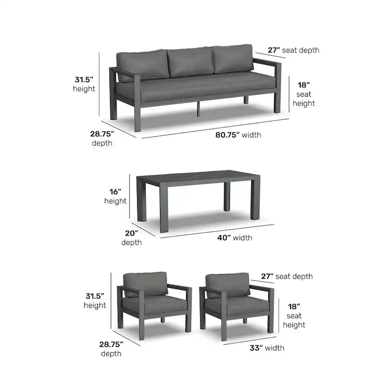 Divano da esterno in alluminio Homestyles Grayton con sedie a sdraio e tavolino da caffè - 81 x 26 x 29