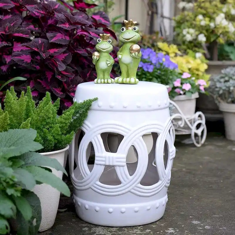 Outsunny 14 Heavy Duty Multi-Use Ceramic Garden Stool / Round Side Table / Foot Rest with Knotted Ring Design White