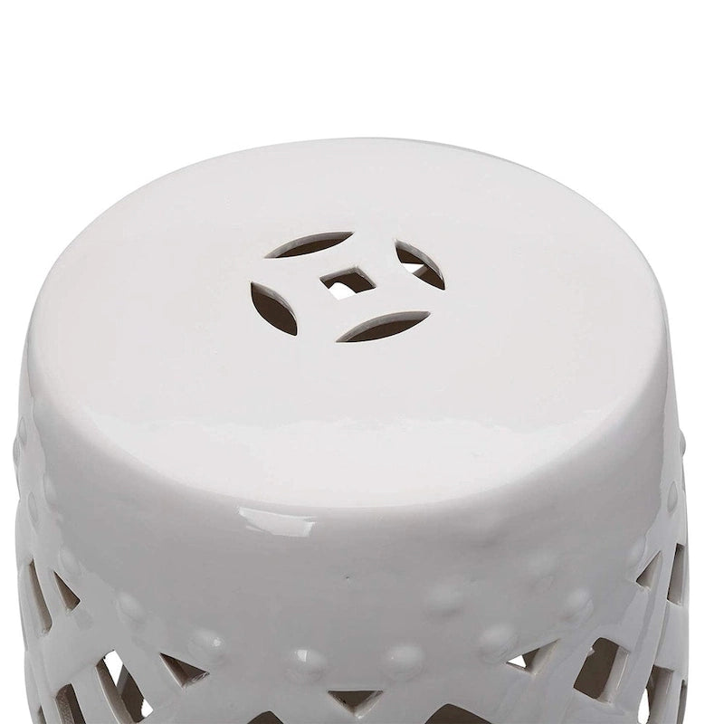 Outsunny 14 Sgabello da Giardino in Ceramica Multiuso Resistente / Tavolino Rotondo / Poggiapiedi con Motivo ad Anelli Annodati Bianco