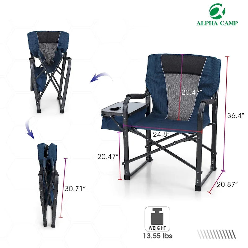 Chaise de camping pliable en métal avec porte-gobelet et boîte de rangement