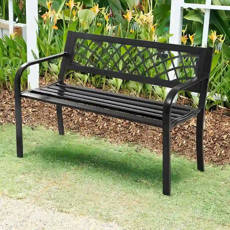 Patio Garden Bench Park Yard Loveseat Furniture with Cast Iron Frame