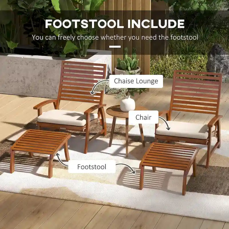 Outsunny Set da 4 Sedie da Giardino con Cuscini, Sedie da Esterno in Legno di Acacia con Poggiapiedi, Seduta a Doghe