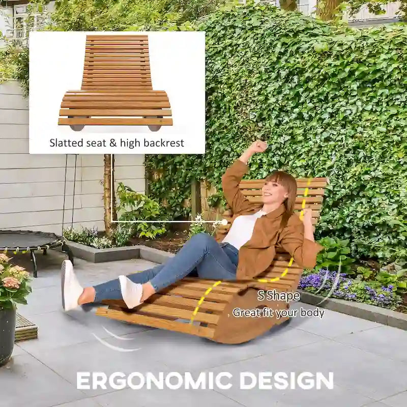 Sedia a dondolo da esterno Outsunny con sedile a doghe e schienale alto, sedia a dondolo in legno a forma di S, sedia a dondolo da patio, giardino