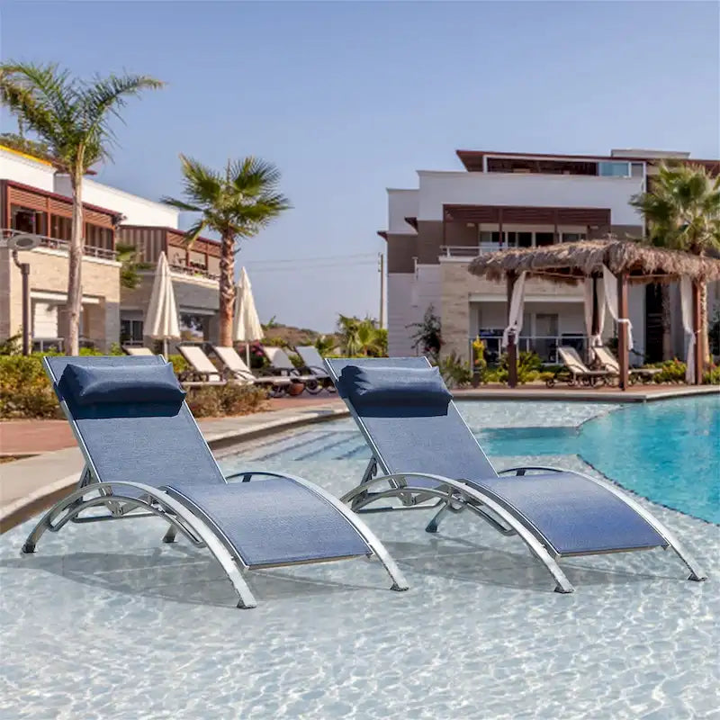 Pool Lounge Chairs Set of 3, Adjustable Aluminum Outdoor Chaise Lounge Chairs with Metal Side Table, All Weather