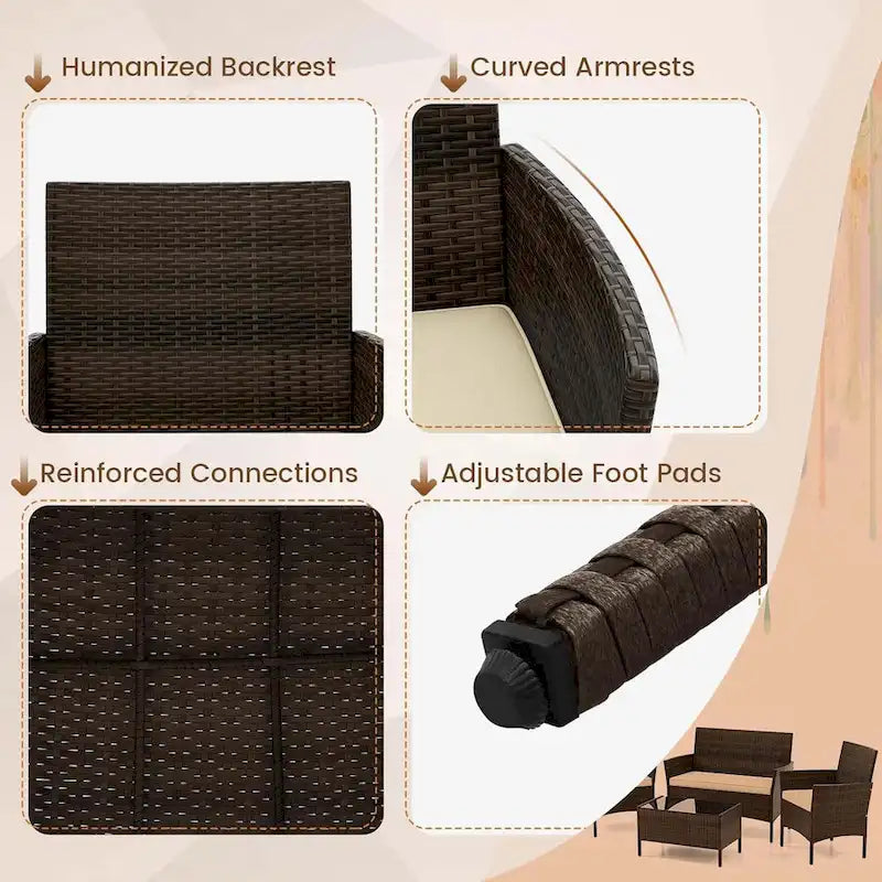 Set da Salotto da Esterno in Rattan da 4 Pezzi Set di Mobili da Giardino in Vimini