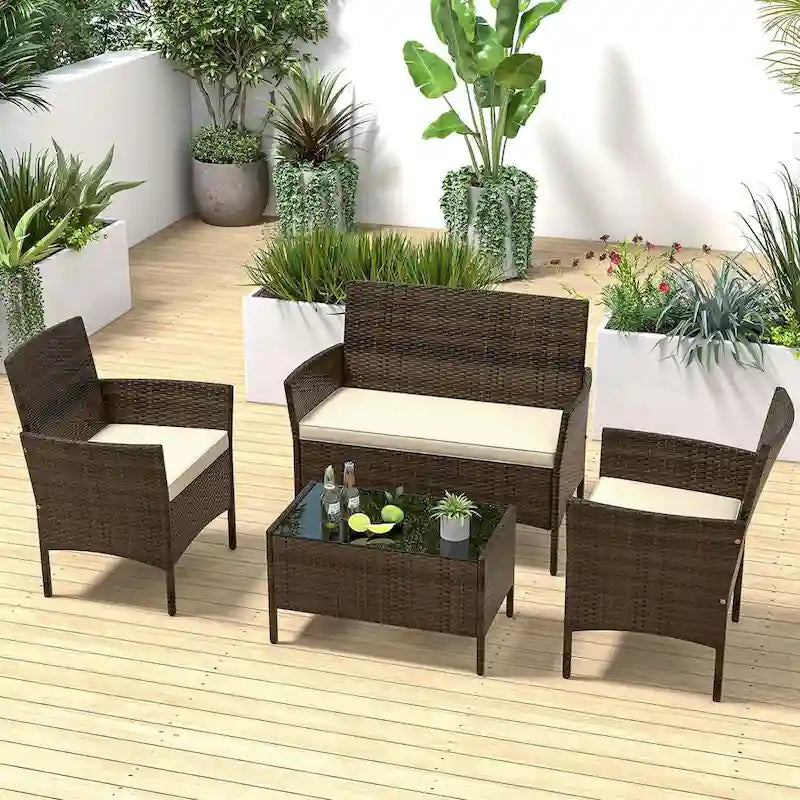 Set da Salotto da Esterno in Rattan da 4 Pezzi Set di Mobili da Giardino in Vimini
