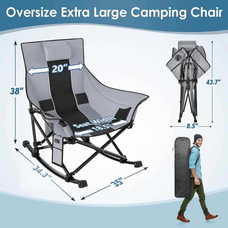 Fauteuil de camping chauffant surdimensionné, fauteuil de camping à bascule, fauteuils chauffants pliants portables, gris et noir, batterie externe non incluse
