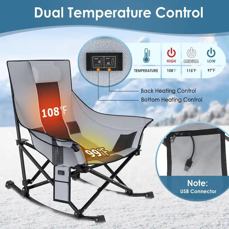 Fauteuil de camping chauffant surdimensionné, fauteuil de camping à bascule, fauteuils chauffants pliants portables, gris et noir, batterie externe non incluse
