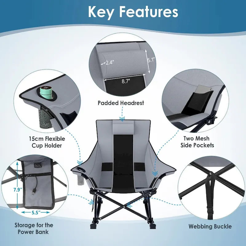 Fauteuil de camping chauffant surdimensionné, fauteuil de camping à bascule, fauteuils chauffants pliants portables, gris et noir, batterie externe non incluse