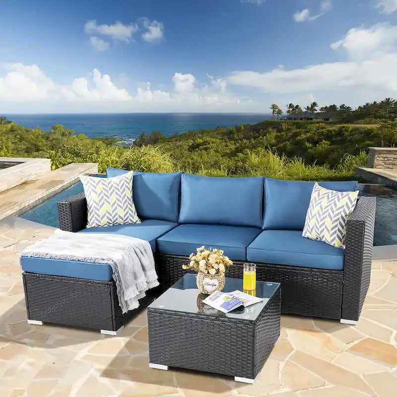 Futzca Arredamento da Esterno per Patio, Set Divano Sezionale Piccolo in Rattan con Schienale Basso Resistente alle Intemperie