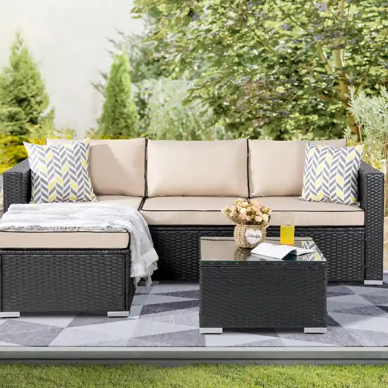 Futzca Arredamento da Esterno per Patio, Set Divano Sezionale Piccolo in Rattan con Schienale Basso Resistente alle Intemperie
