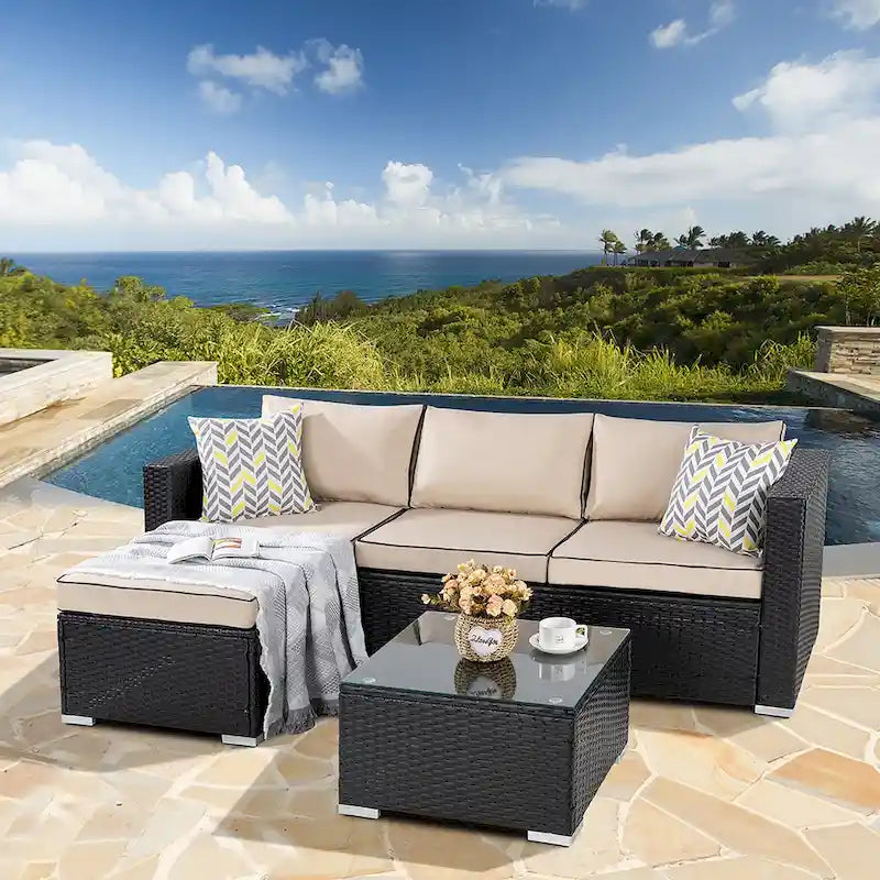 Futzca Arredamento da Esterno per Patio, Set Divano Sezionale Piccolo in Rattan con Schienale Basso Resistente alle Intemperie