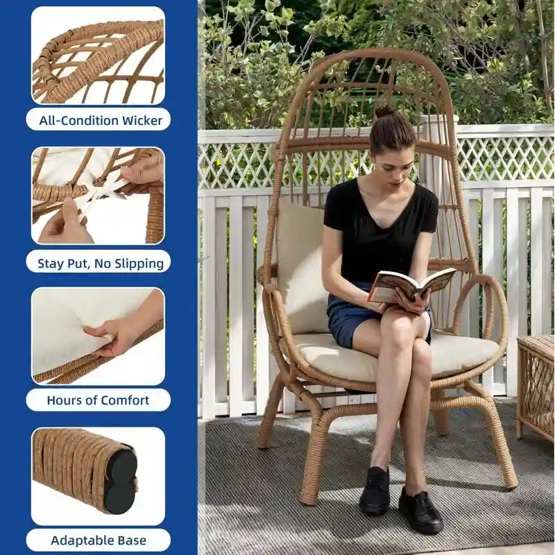 Panier de chaise œuf étroit en osier d'extérieur Moasis avec coussins