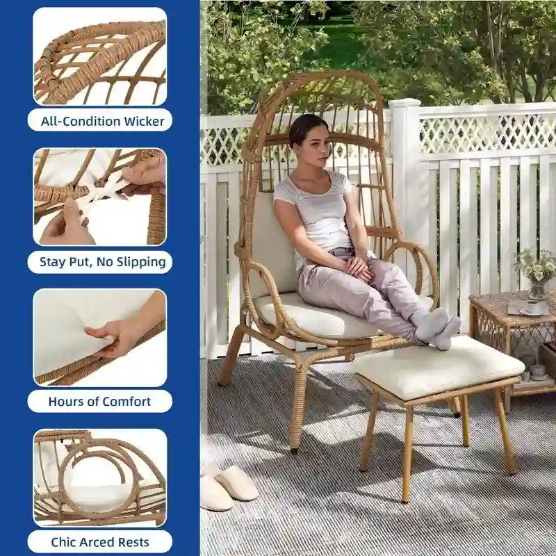 Panier de chaise œuf étroit en osier d'extérieur Moasis avec coussins