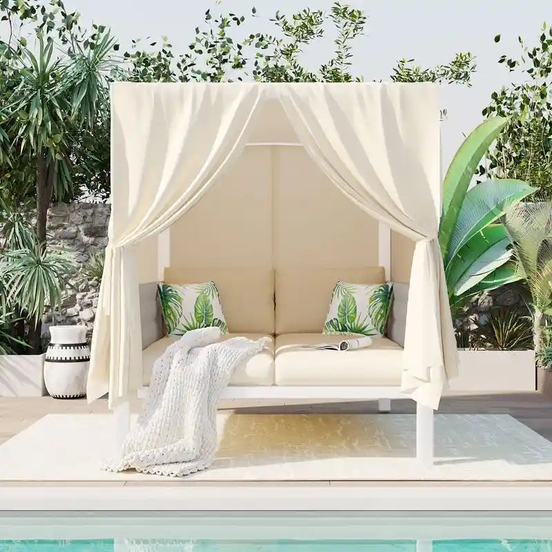 Lit de repos/Bain de soleil d'extérieur avec rideaux, idéal pour le jardin ou la piscine