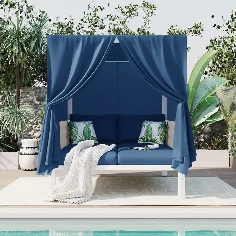 Lit de repos/Bain de soleil d'extérieur avec rideaux, idéal pour le jardin ou la piscine