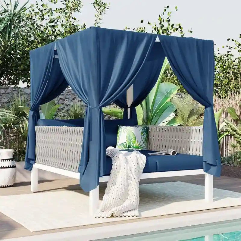 Lit de repos/Bain de soleil d'extérieur avec rideaux, idéal pour le jardin ou la piscine