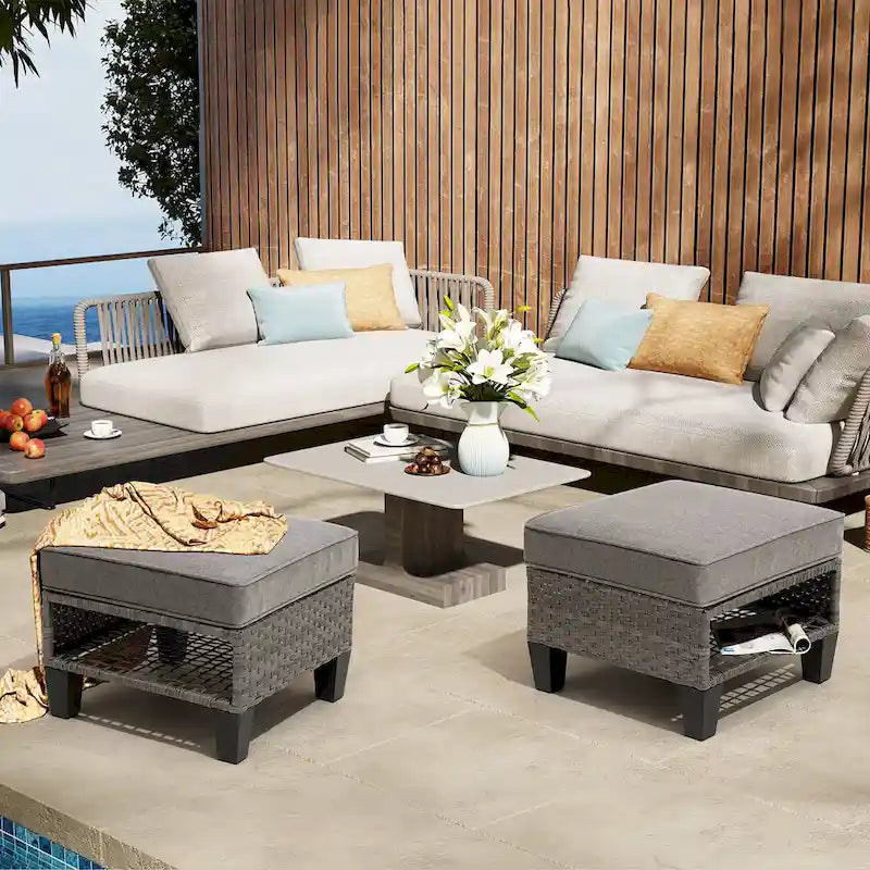 Pellebant Outdoor 2PCS Cushioned Rattan Wicker Storage Ottomans