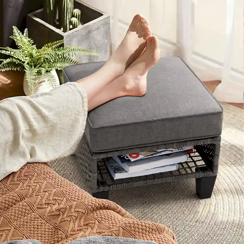 Pellebant Ottomans de rangement d'extérieur 2 PCS en rotin et osier avec coussins