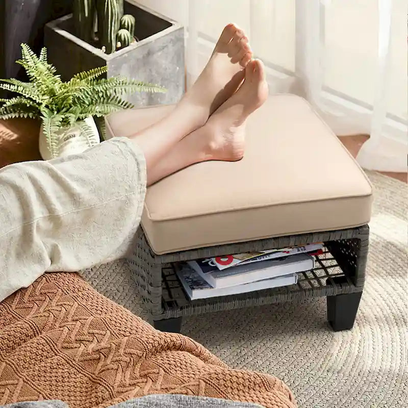 Pellebant Ottomans de rangement d'extérieur 2 PCS en rotin et osier avec coussins
