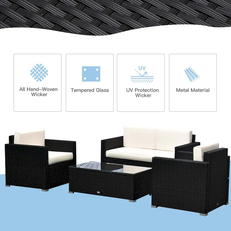 Set da 4 mobili da giardino Outsunny con schienale e cuscini spessi, in polyrattan