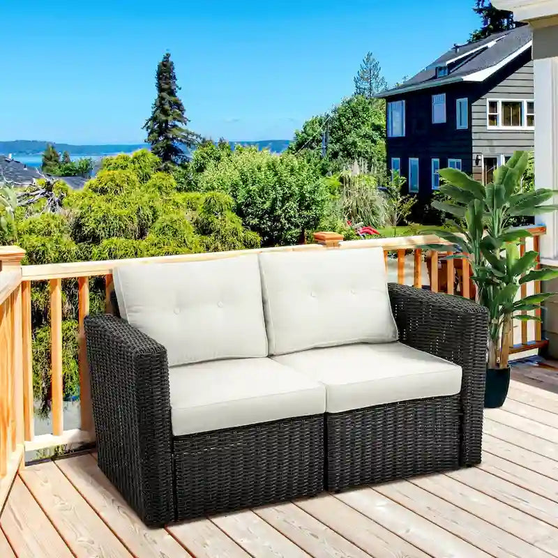 Set Divano Angolare in Vimini da Giardino Outsunny 2 Pezzi, Mobili in Rattan PE Combinabili Liberamente per Esterni, Beige