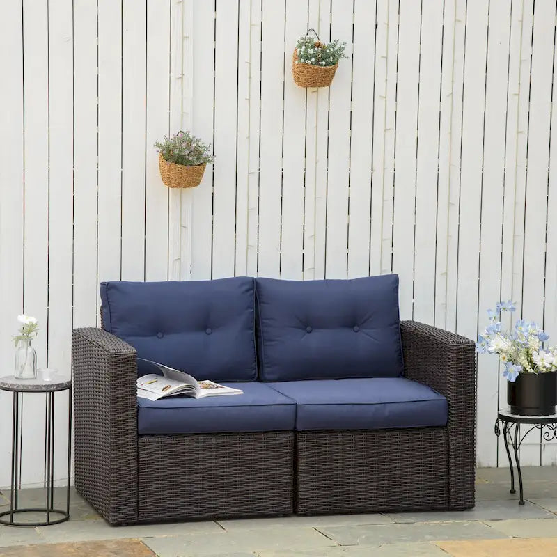 Set Divano Angolare in Vimini da Giardino Outsunny 2 Pezzi, Mobili in Rattan PE Combinabili Liberamente per Esterni, Beige