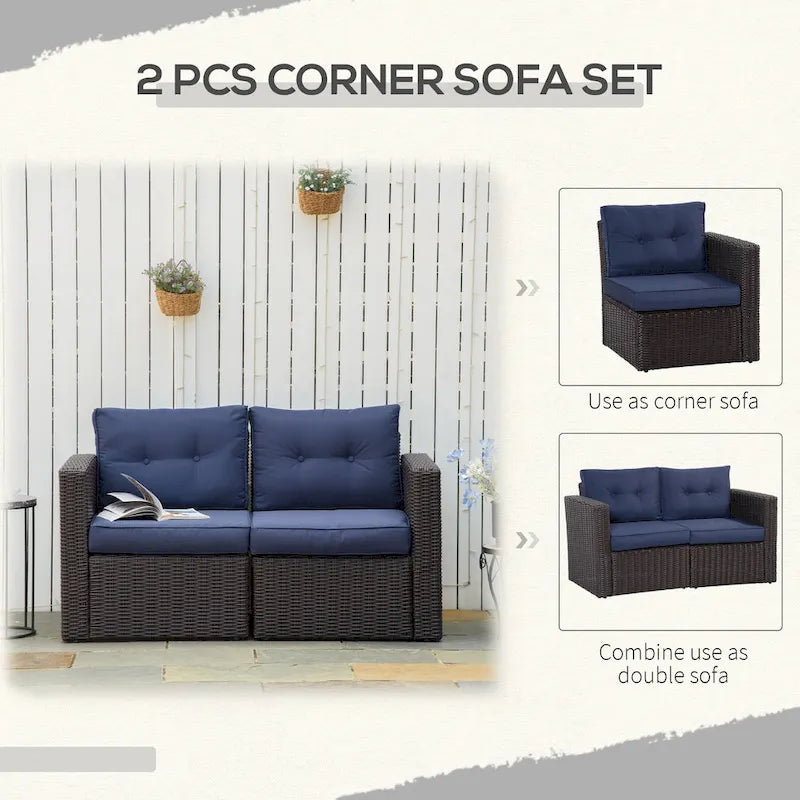 Set Divano Angolare in Vimini da Giardino Outsunny 2 Pezzi, Mobili in Rattan PE Combinabili Liberamente per Esterni, Beige