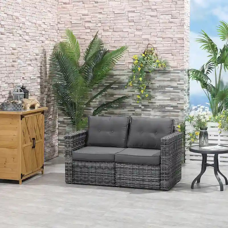 Set Divano Angolare in Vimini da Giardino Outsunny 2 Pezzi, Mobili in Rattan PE Combinabili Liberamente per Esterni, Beige
