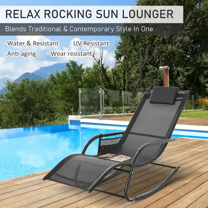 Poltrona reclinabile a dondolo Outsunny con poggiatesta rimovibile, tessuto in rete traspirante per giardino e patio