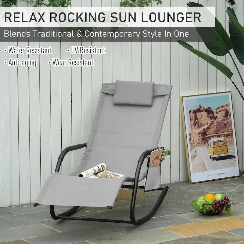 Poltrona reclinabile a dondolo Outsunny con poggiatesta rimovibile, tessuto in rete traspirante per giardino e patio