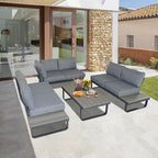 6 Person Outdoor L-Shape Metal Sectional Sofa Set with Cusions and Coffee Table
