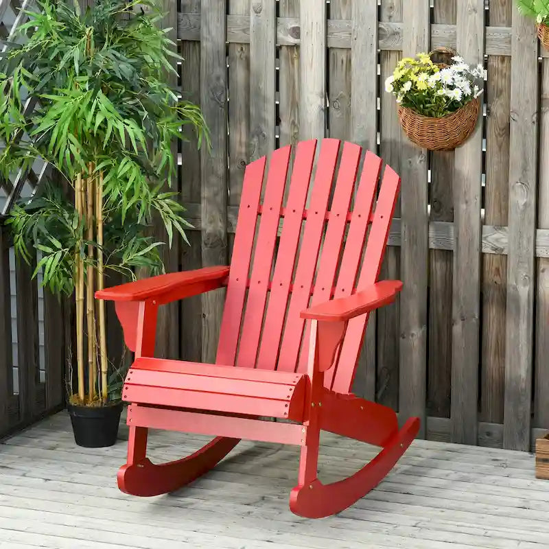 Outsunny Wooden Adirondack Rocking Chair with Slatted Wooden Design, Fanned Back, & Classic Rustic Style, Teak