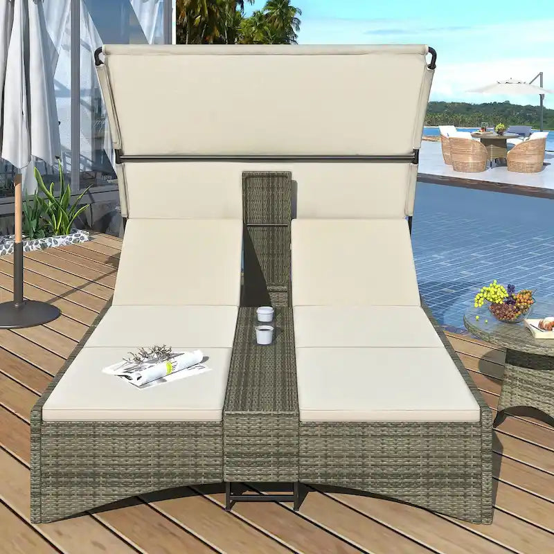 Patio Outdoor Daybed Rattan Sun Lounger with Shelter Roof with Adjustable Backrest